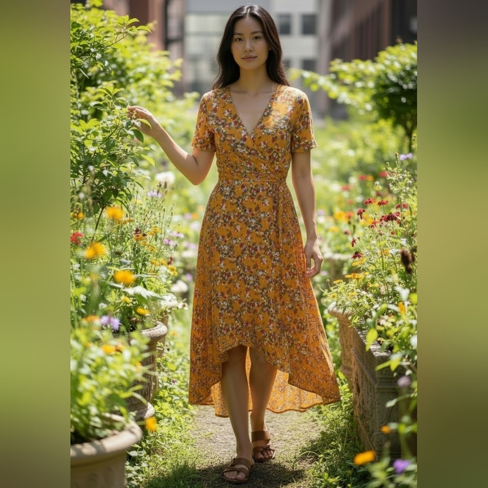 Roolee Mustard Yellow Floral Short-Sleeve High-low Dress Size M